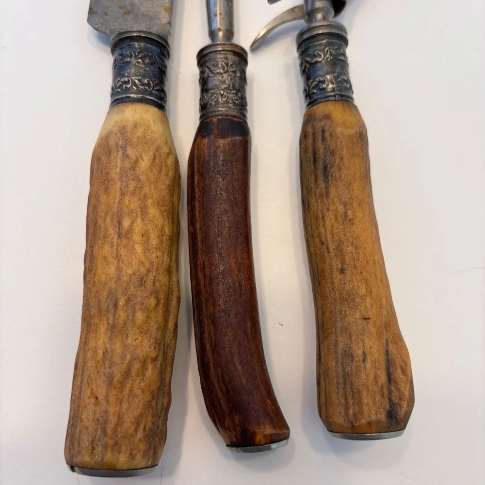 Antique Vintage Antler Handle Handle Carving Set w/ Silver Plated Ferrules Rare - Picture 4 of 14